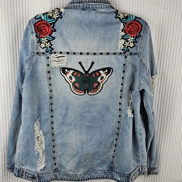 Floral Embroidered Denim Jacket with Butterfly Design - Picture 6 of 10